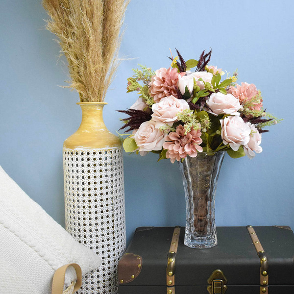 Arranjo Rosas E Dálias Artificial No Vaso De Vidro | Formosin